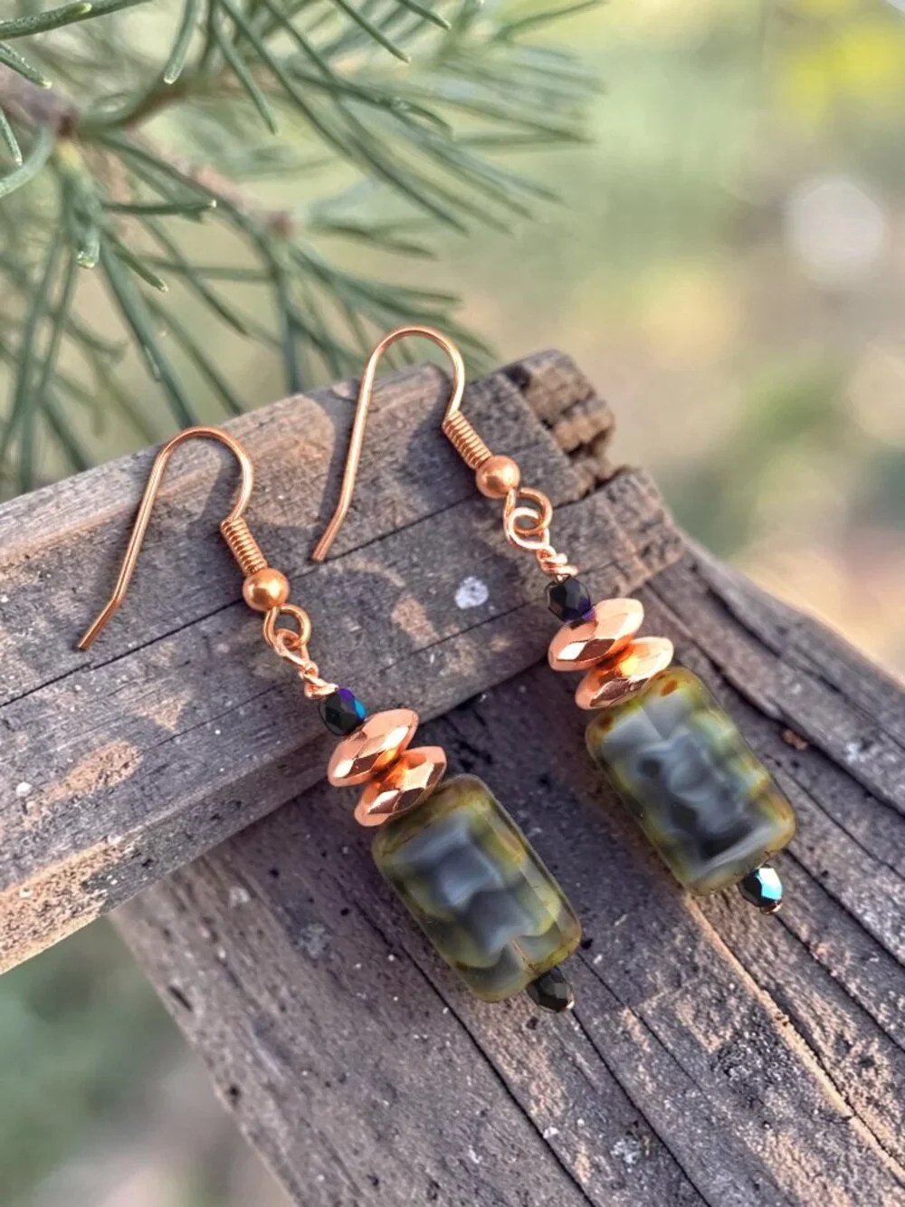 Moss Green Copper Earrings Blue Green Czech Glass Rustic Boho Handmade 2